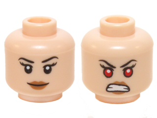 Minifigure, Head Dual Sided Female Black Eyebrows, Long Eyelashes, Medium Nougat Lips, Grin / Bared Teeth and Red Eyes Pattern