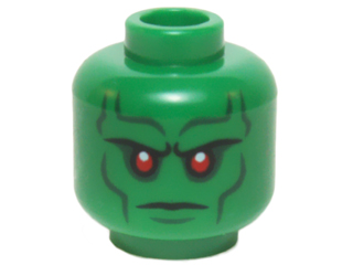 Minifigure, Head Alien with Red Eyes, Dark Bluish Gray Eye Shadow, Eyebrows, Cheek Lines, and Chin Dimple Pattern (Martian Manhunter)