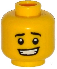 Minifigure, Head Black Eyebrows, White Pupils, Crooked Open Mouth Smile with Teeth Pattern