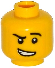 Minifigure, Head Black Eyebrows, Left Raised Eyebrow, Lopsided Open Mouth Smile with Teeth Pattern