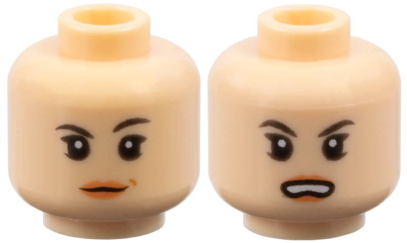 Minifigure, Head Dual Sided Female Black Eyebrows, Nougat Lips, Neutral with Dimple and Raised Eyebrow / Open Scowl Pattern