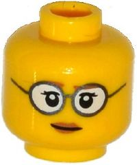Minifigure, Head Female Glasses Gray Frames and White Lenses, Eyelashes, Pale Brown Lips Pattern