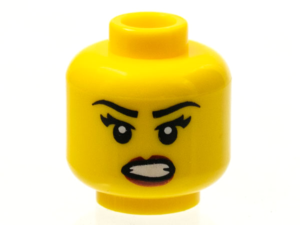 Minifigure, Head Female Black Eyebrows, Eyelashes, Angry Open Mouth with Bared Teeth, Dark Red Lips Pattern