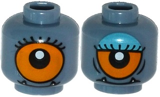Minifigure, Head Dual Sided Alien with Lower Fangs, Eyelashes, Single Orange Eye Open / Eye Half Closed with Blue Eye Shadow Pattern
