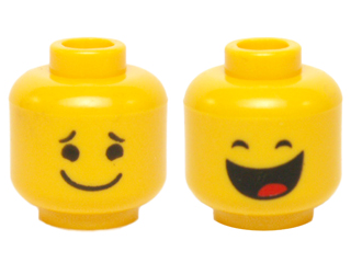 Minifigure, Head Dual Sided Black Small Eyebrows and Wide Grin / Closed Eyes and Large Open Mouth Smile with Red Tongue Pattern