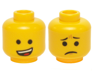 Minifigure, Head Dual Sided Open Lopsided Smile / Pinched Eyebrows and Frown Pattern (Emmet)