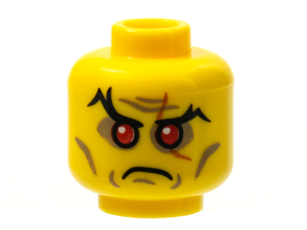 Minifigure, Head Black Eyebrows, Red Sunken Eyes, Scar over Left Eye, Cheek Lines and Wrinkles Pattern