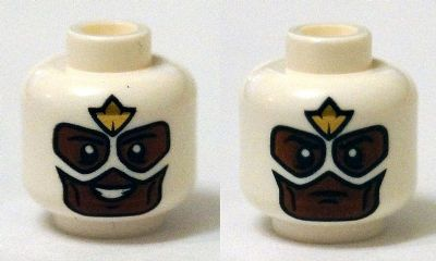 Minifigure, Head Dual Sided Mask with Brown Face and Gold Emblem on Forehead, Open Mouth / Closed Mouth Pattern