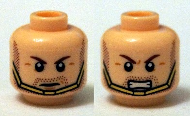 Minifigure, Head Dual Sided Brown Eyebrows, Stubble Beard, Gold Chin Strap, Serious  / Bared Teeth Pattern (Hawkman)