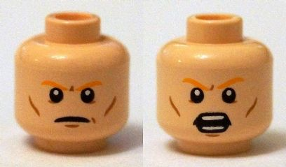 Minifigure, Head Dual Sided Orange Eyebrows, Cheek Lines, Closed Mouth / Open Mouth with Teeth Pattern