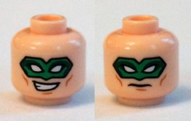 Minifigure, Head Dual Sided Green Eye Mask with Eye Holes, Smirk / Frown Pattern