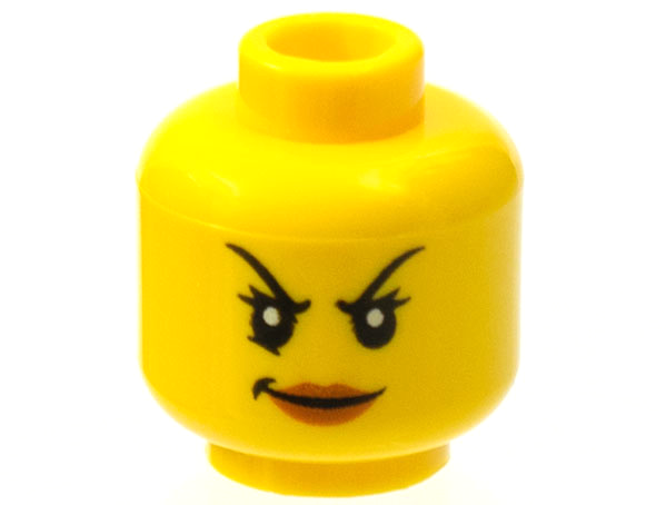 Minifigure, Head Female Black Arched Thin Eyebrows, Eyelashes, Dark Orange Lips, Evil Smirk Pattern