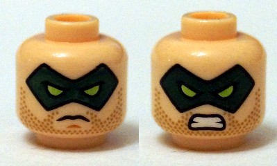 Minifigure, Head Dual Sided Dark Green Eye Mask with Eye Holes, Stubble Beard, Serious / Bared Teeth Pattern (Green Arrow)
