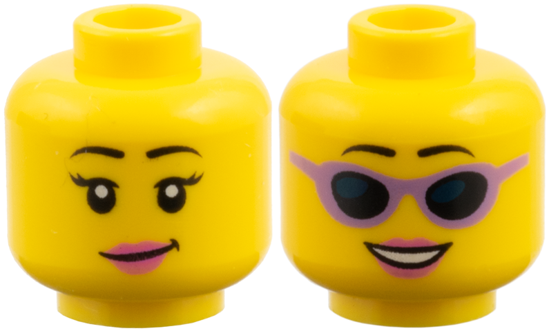 Minifigure, Head Dual Sided Female Black Eyebrows, Dark Pink Lips, Eyelashes / Sunglasses with Medium Lavender Frames Pattern