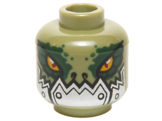 Minifigure, Head Alien Chima Crocodile with Dark Green Rimmed Eyes and Metallic Silver Plates with Rivets Lower Jaw Pattern