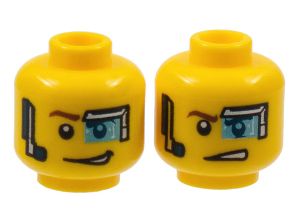 Minifigure, Head Dual Sided Digital Eye Glass over Left Eye, Smirk / Determined Pattern (Curtis Bolt)