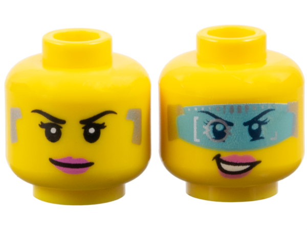 Minifigure, Head Dual Sided Female Digital Eye Glasses, Pink Lips, Smirk / Visor Open Pattern (Caila Phoenix)