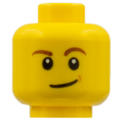 Minifigure, Head Reddish Brown Eyebrows, White Pupils, Lopsided Smile and Medium Nougat Dimple Pattern