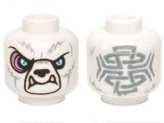 Minifigure, Head Alien Chima Bear with Black Nose, Bright Light Blue Eyes, Light Bluish Gray Fur, Medium Lavender Sinews, Lower Fangs, and Sand Blue Tribal Markings Pattern