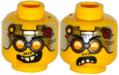 Minifigure, Head Dual Sided Glasses with Silver Goggles, Metal Plates with Circuitry on Forehead, Smile / Angry Pattern (Drillex)