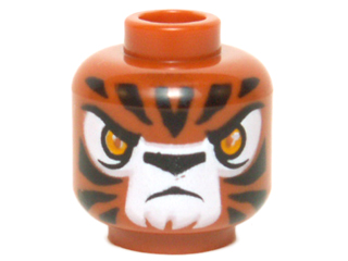 Minifigure, Head Alien Chima Tiger with Bright Light Orange Eyes, Black Nose and Stripes, White Snout and Eye Shadow, Frown Pattern
