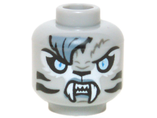 Minifigure, Head Alien Chima Tiger with Bright Light Blue Eyes, Black Nose and Stripes, Sand Blue Bangs and Lips, and White Fangs Pattern