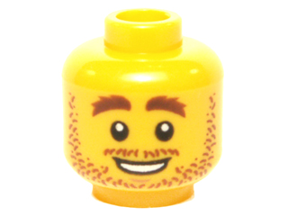 Minifigure, Head Reddish Brown Bushy Eyebrows, Moustache, and Beard Stubble, Open Mouth Smile with Teeth Pattern