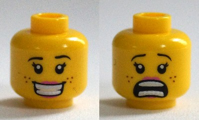 Minifigure, Head Dual Sided Female Brown Eyebrows, Freckles, Eyelashes, Peach Lips, Smile with Teeth / Scared Open Mouth Pattern