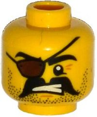 Minifigure, Head Beard Black Stubble and Moustache, Eye Patch, Crow's Feet, Bared Teeth Pattern