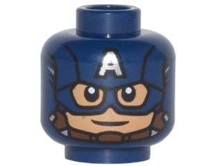 Minifigure, Head Male Mask with Eye Holes and Letter A on Forehead, Chin Strap, Smile Pattern (Captain America)