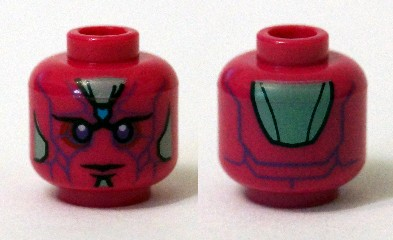 Minifigure, Head Alien Robot with Dark Azure Spot on Forehead, Dark Purple Eyes and Lines, and Sand Green Armor Plates Pattern (Vision)