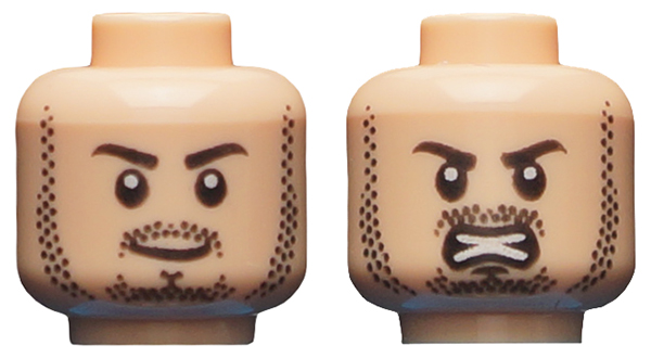 Minifigure, Head Dual Sided Beard Stubble, Black Eyebrows, Smirk / Angry Bared Teeth Pattern (Quicksilver)