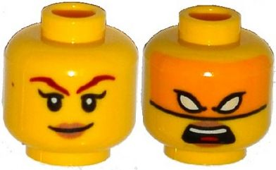 Minifigure, Head Dual Sided Female Dark Red Eyebrows, Dark Tan Lips, Smile / Bright Light Orange Mask, White Eyes, Open Mouth Pattern