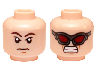 Minifigure, Head Dual Sided Brown Eyebrows, Stern Expression / Dark Red Goggles, Clenched Teeth Pattern (Hawkeye)