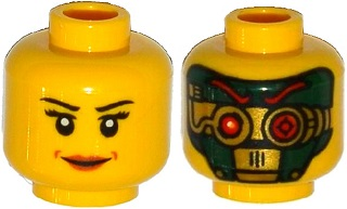Minifigure, Head Dual Sided Female Black Eyebrows, Eyelashes, Brown Lips / Green and Gold Robot, Red Eyes and Eyebrows Pattern