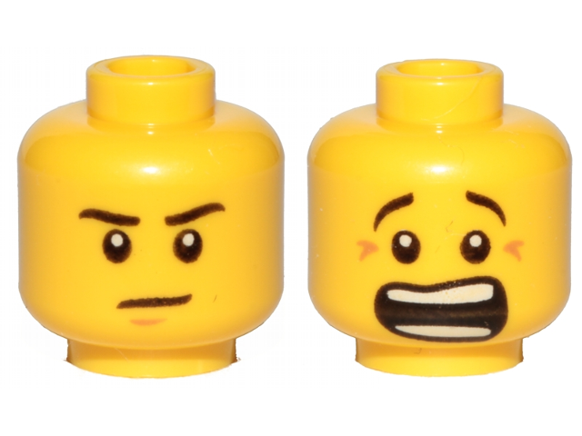 Minifigure, Head Dual Sided Black Eyebrows, Stern with Nougat Chin Dimple / Scared Open Mouth with Teeth Parted Pattern