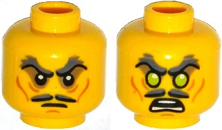 Minifigure, Head Dual Sided Moustache Split, Stern Dark Bluish Gray Bushy Eyebrows, Sunken Eyes, Wrinkles / Green Eyes, Angry Pattern