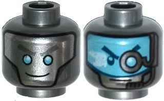 Minifigure, Head Dual Sided Alien Robot with Silver Face with Medium Azure Eyes / Medium Azure Visor with Headset and Eyepiece Pattern