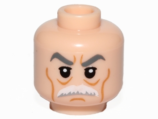 Minifigure, Head Dark Bluish Gray Thick Eyebrows, Upper Eyelids, White Bushy Moustache, Medium Nougat Cheek Lines, Chin Dimple and Wrinkles, Stern Pattern