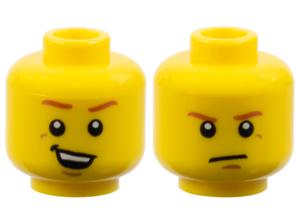Minifigure, Head Dual Sided Dark Orange Eyebrows, Crooked Smile with Teeth / Determined, Closed Mouth Pattern