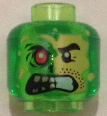 Minifigure, Head Alien Split Face Angry, Normal Left Side with Yellow Skin and Stubble, Burned Right Side with Red Eye Pattern