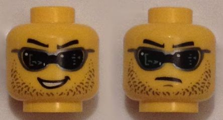 Minifigure, Head Dual Sided Black Digital Sunglasses, Stubble, Crooked Open Mouth Smile / Determined, Closed Mouth Pattern