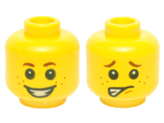 Minifigure, Head Dual Sided Child Small Reddish Brown Eyebrows and Freckles, Open Mouth Smile with Teeth / Worried Pattern