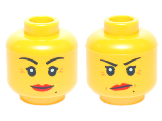 Minifigure, Head Dual Sided Female Black Thin Eyebrows, Single Eyelashes, Beauty Mark, Red Lips, Medium Nougat Wrinkles, Grin / Angry Lopsided Frown with Dimples Pattern