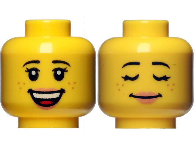 Minifigure, Head Dual Sided Female Black Eyebrows, Double Eyelashes, Nougat Lips and Freckles, Open Mouth Smile with Top Teeth and Red Tongue / Sleeping Pattern