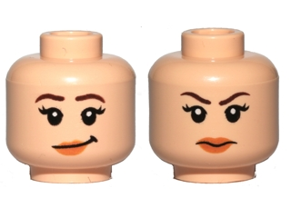 Minifigure, Head Dual Sided Female Dark Brown Eyebrows, Black Eyelashes, Nougat Lips, Lopsided Grin / Angry Frown Pattern