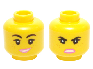 Minifigure, Head Dual Sided Female Black Eyebrows, Eyelashes, Freckles, Dark Pink Lips, Lopsided Open Mouth Smile Small with Teeth / Angry Pattern