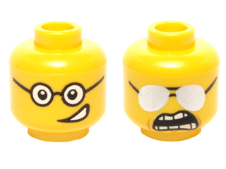 Minifigure, Head Dual Sided Black Glasses, Crooked Smile / Sunglasses, Clenched Teeth Pattern