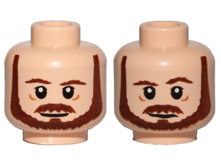 Minifigure, Head Dual Sided Beard, Brown Eyebrows, Moustache, White Pupils, Neutral / Raised Left Eyebrow Pattern (SW Qui-Gon)