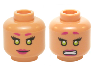 Minifigure, Head Dual Sided Female Magenta Eyebrows and Lips, Lime Eyes, Smile / Clenched Pattern (Starfire)